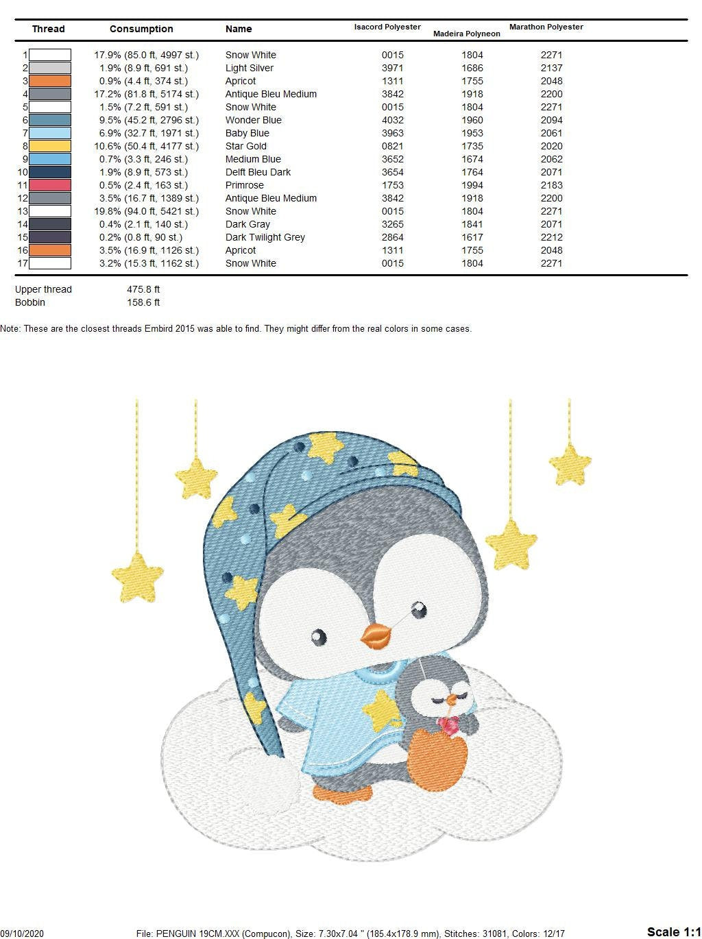 Penguin embroidery design - Animal embroidery designs machine embroidery pattern - Baby boy embroidery file - sleepy penguin night stars