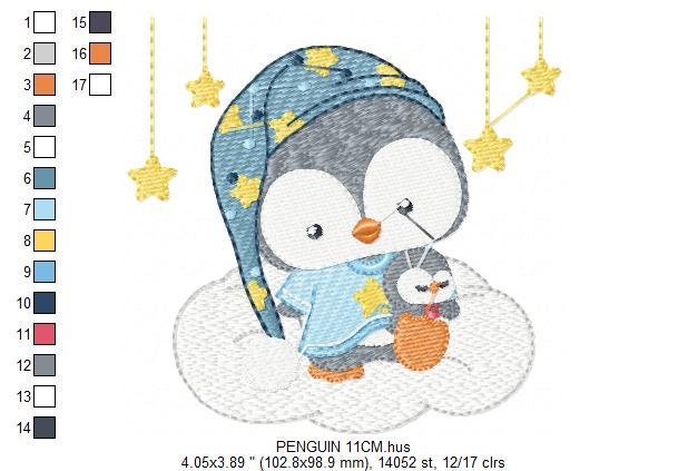 Penguin embroidery design - Animal embroidery designs machine embroidery pattern - Baby boy embroidery file - sleepy penguin night stars