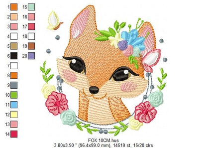 Red Fox with flower frame embroidery designs - Woodland wild animal machine embroidery pattern - Baby girl file - instant digital download