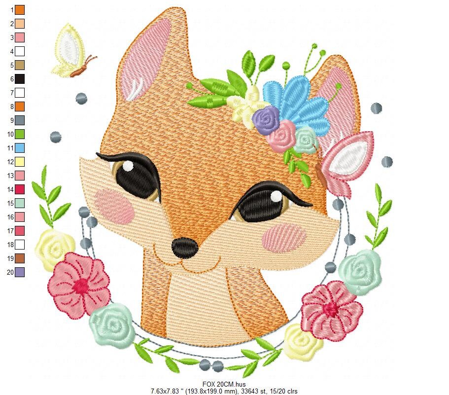Fox with flowers embroidery designs - Woodland animal machine embroidery pattern - Baby girl embroidery file - Instant download pes jef dst