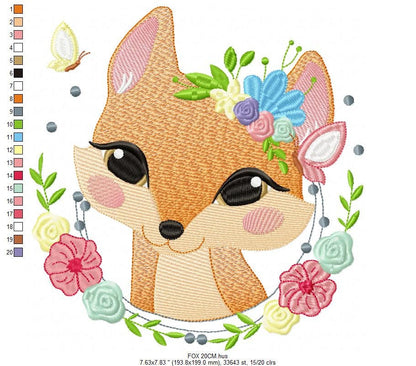 Red Fox with flower frame embroidery designs - Woodland wild animal machine embroidery pattern - Baby girl file - instant digital download