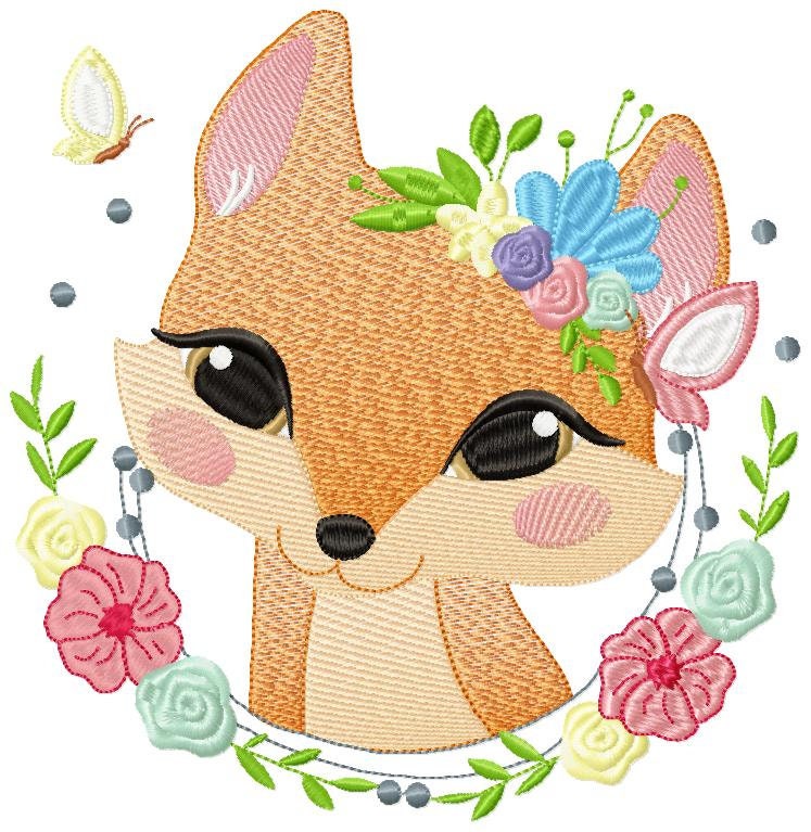 Fox with flowers embroidery designs - Woodland animal machine embroidery pattern - Baby girl embroidery file - Instant download pes jef dst