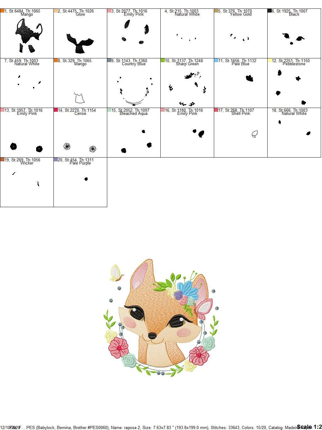 Red Fox with flower frame embroidery designs - Woodland wild animal machine embroidery pattern - Baby girl file - instant digital download