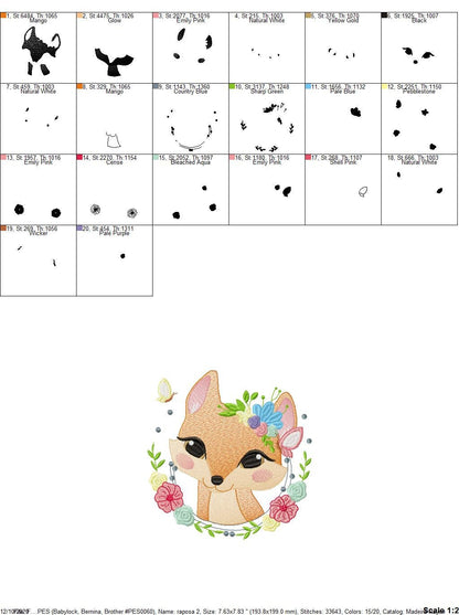 Red Fox with flower frame embroidery designs - Woodland wild animal machine embroidery pattern - Baby girl file - instant digital download
