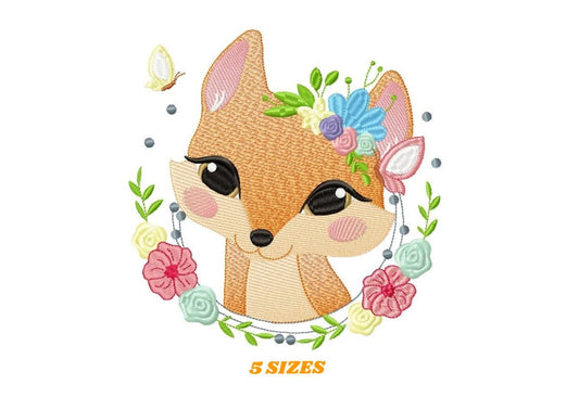 Red Fox with flower frame embroidery designs - Woodland wild animal machine embroidery pattern - Baby girl file - instant digital download