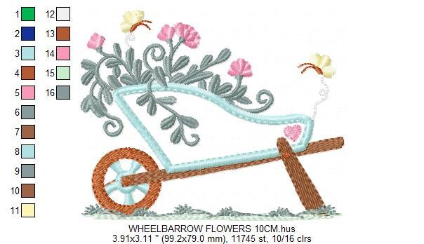 Flower cart embroidery designs - Flowercart Garden with butterflies machine embroidery pattern - Floral kitchen towel - Instant download