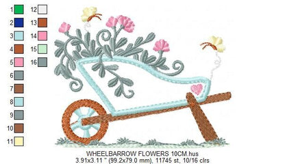 Flower cart embroidery designs - Flowercart Garden with butterflies machine embroidery pattern - Floral kitchen towel - Instant download