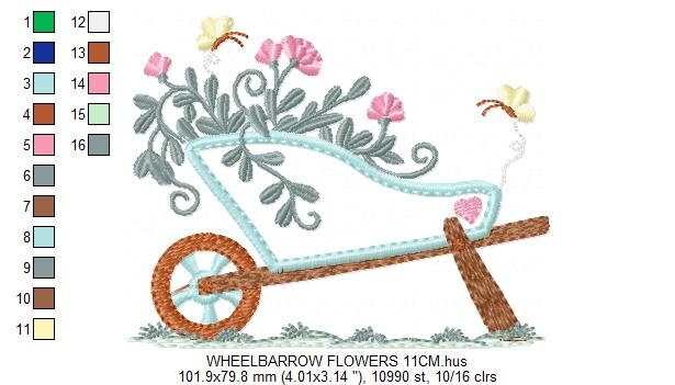 Flower cart embroidery designs - Flowercart Garden with butterflies machine embroidery pattern - Floral kitchen towel - Instant download