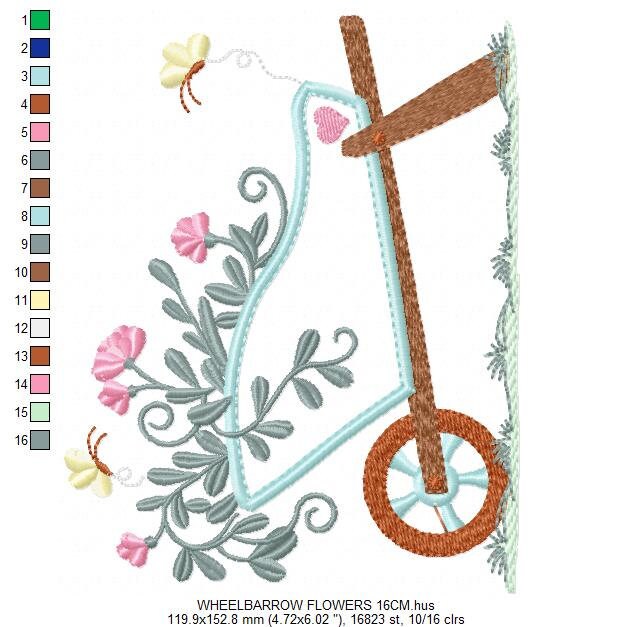 Flower cart embroidery designs - Flowercart Garden with butterflies machine embroidery pattern - Floral kitchen towel - Instant download
