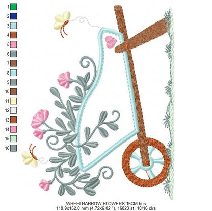 Flower cart embroidery designs - Flowercart Garden with butterflies machine embroidery pattern - Floral kitchen towel - Instant download