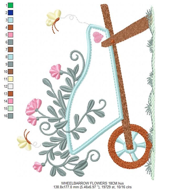 Flower cart embroidery designs - Flowercart Garden with butterflies machine embroidery pattern - Floral kitchen towel - Instant download