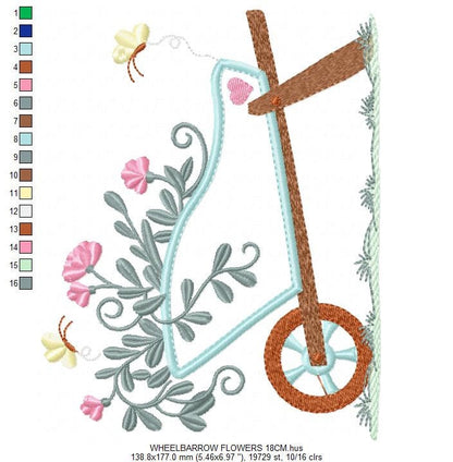 Flower cart embroidery designs - Flowercart Garden with butterflies machine embroidery pattern - Floral kitchen towel - Instant download