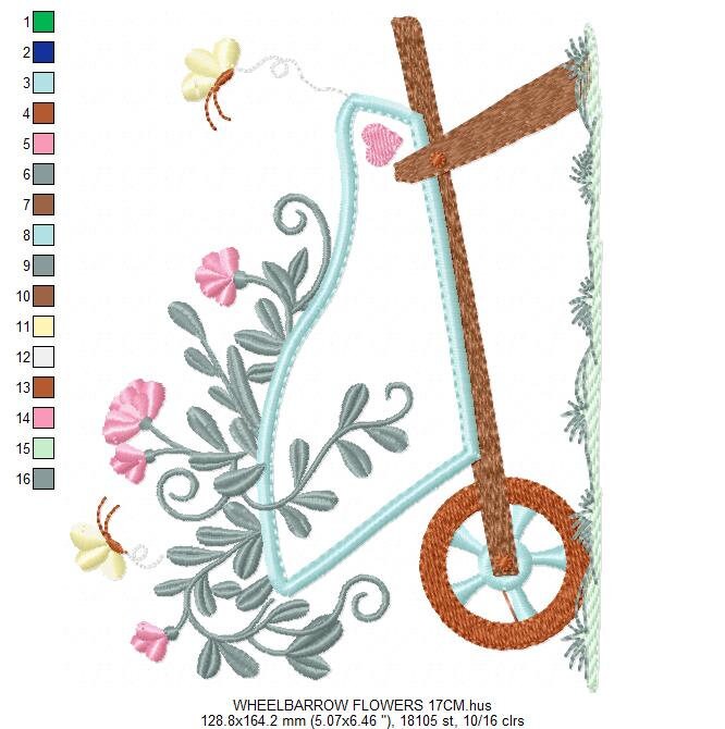 Flower cart embroidery designs - Flowercart Garden with butterflies machine embroidery pattern - Floral kitchen towel - Instant download