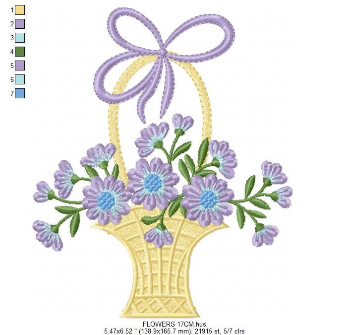 Flowers Basket embroidery designs - Lavender Kitchen Towel machine embroidery pattern - Flower basket file - Instant download pes jef dst