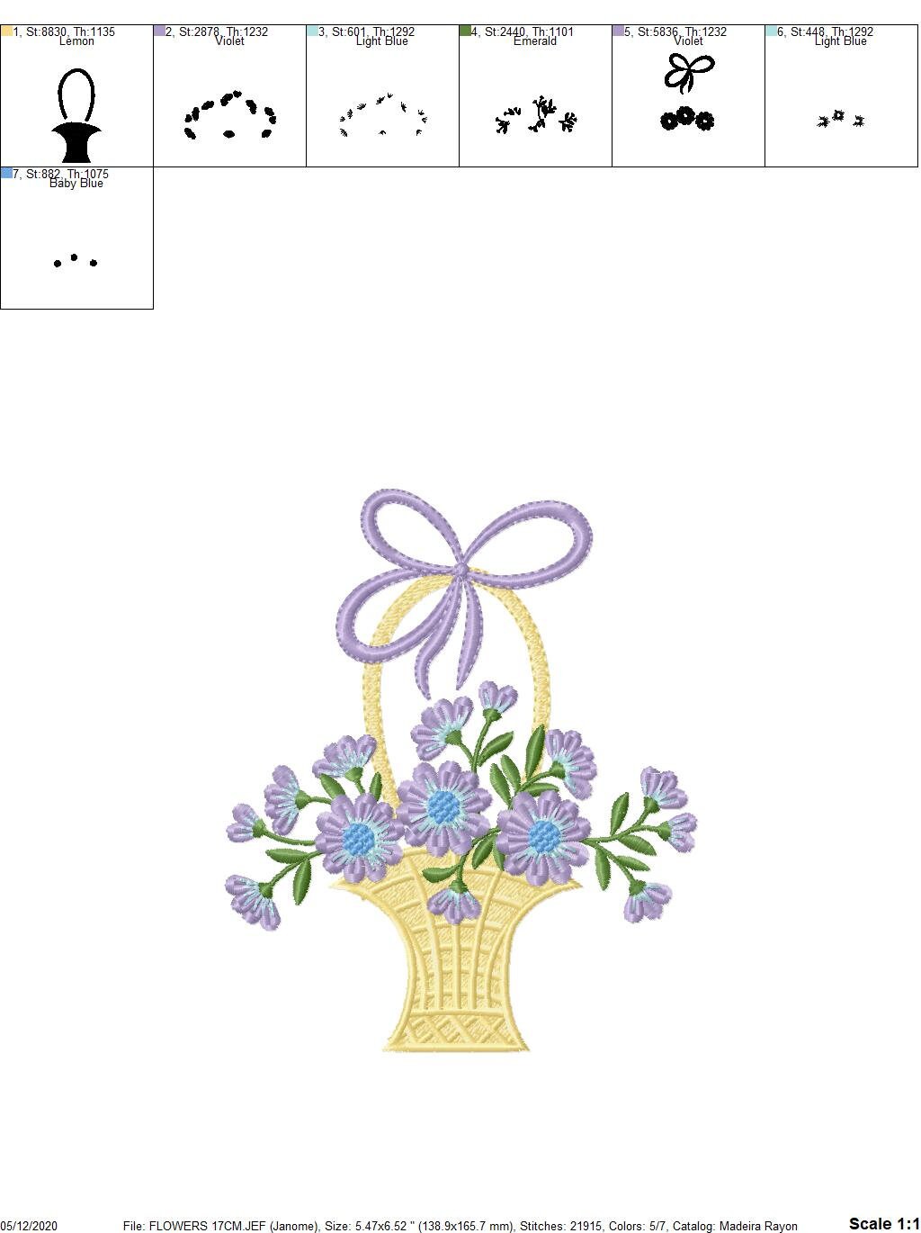 Flowers Basket embroidery designs - Lavender Kitchen Towel machine embroidery pattern - Flower basket file - Instant download pes jef dst