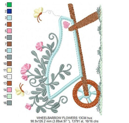Flower cart embroidery designs - Flowercart Garden with butterflies machine embroidery pattern - Floral kitchen towel - Instant download