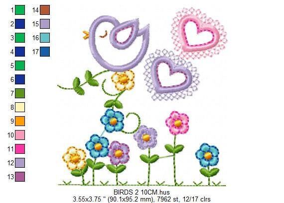 Bird embroidery designs - Birds with flower garden machine embroidery pattern - Spring garden kitchen towel file - instant download pes jef