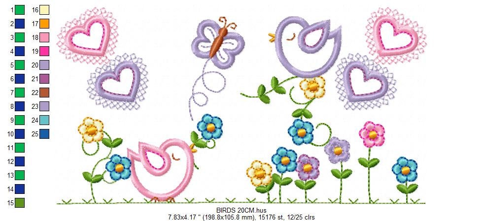 Bird embroidery designs - Birds with flower garden machine embroidery pattern - Spring garden kitchen towel file - instant download pes jef