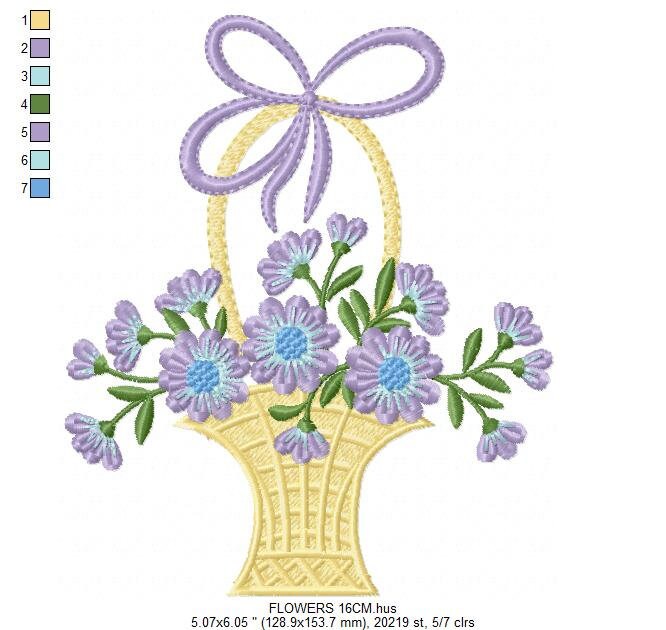 Flowers Basket embroidery designs - Lavender Kitchen Towel machine embroidery pattern - Flower basket file - Instant download pes jef dst