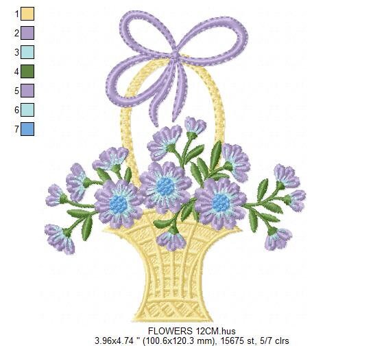 Flowers Basket embroidery designs - Lavender Kitchen Towel machine embroidery pattern - Flower basket file - Instant download pes jef dst