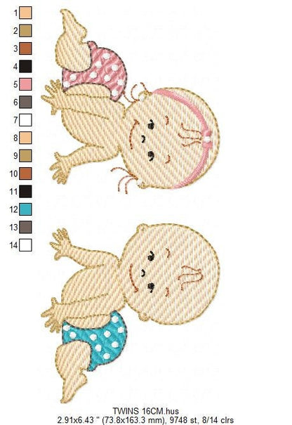 Baby boy embroidery design - Twins embroidery designs machine embroidery pattern - Toddler embroidery file - baby girl and boy download