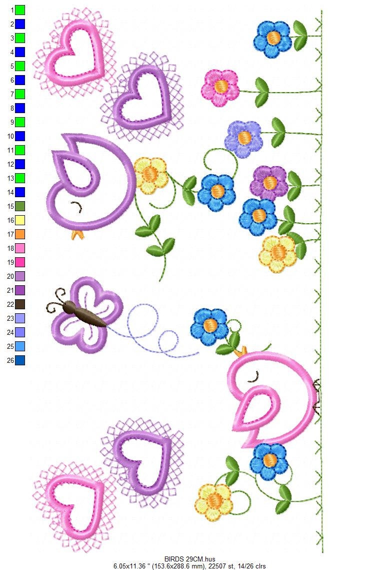 Bird embroidery designs - Birds with flower garden machine embroidery pattern - Spring garden kitchen towel file - instant download pes jef