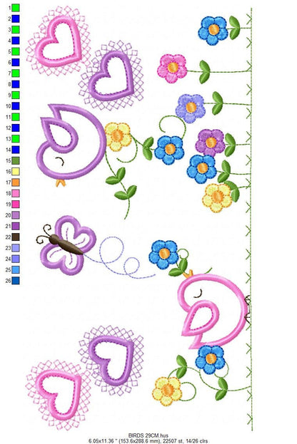 Bird embroidery designs - Birds with flower garden machine embroidery pattern - Spring garden kitchen towel file - instant download pes jef