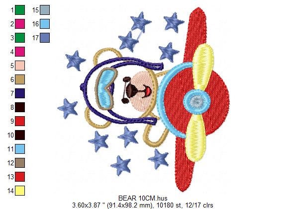 Pilot Bear embroidery designs - Plane machine embroidery pattern - Baby boy file - Aviator Bear applique design - Instant digital download