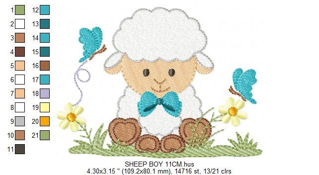 Sheep embroidery design - Lamb with lace bow tie and flowers machine embroidery pattern - Baby boy and girl file - Instant download pes jef
