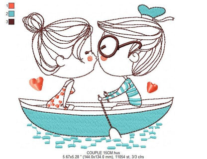 Love Couple embroidery designs - Valentines in a boat machine embroidery pattern - Romance gondula girlfriend boyfriend - Instant download