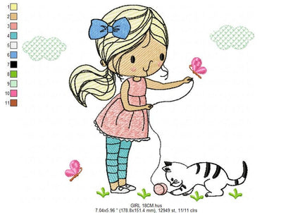 Girl with cat embroidery design - Baby girl embroidery design machine embroidery pattern - kid embroidery file - instant download digital