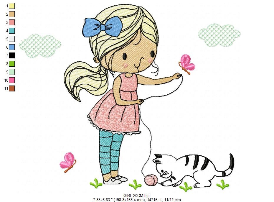 Girl with cat embroidery design - Baby girl embroidery design machine embroidery pattern - kid embroidery file - instant download digital