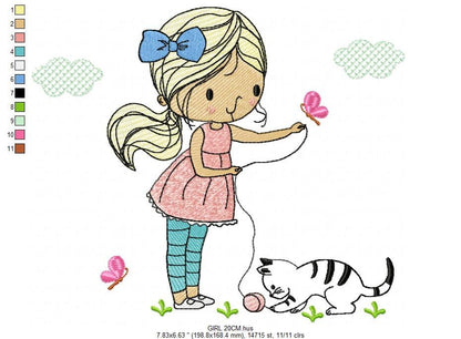 Girl with cat embroidery design - Baby girl embroidery design machine embroidery pattern - kid embroidery file - instant download digital
