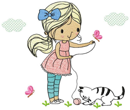 Girl with cat embroidery design - Baby girl embroidery design machine embroidery pattern - kid embroidery file - instant download digital