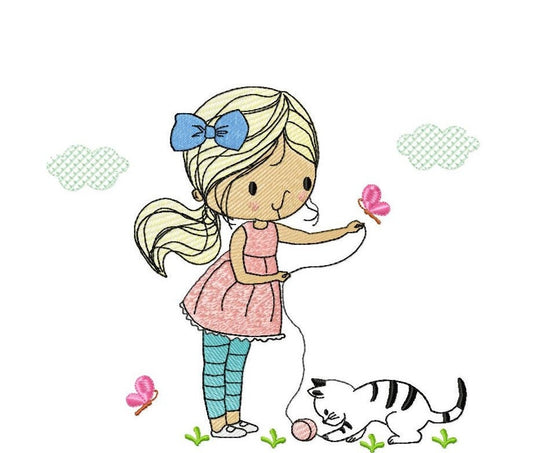 Girl with cat embroidery design - Baby girl embroidery design machine embroidery pattern - kid embroidery file - instant download digital