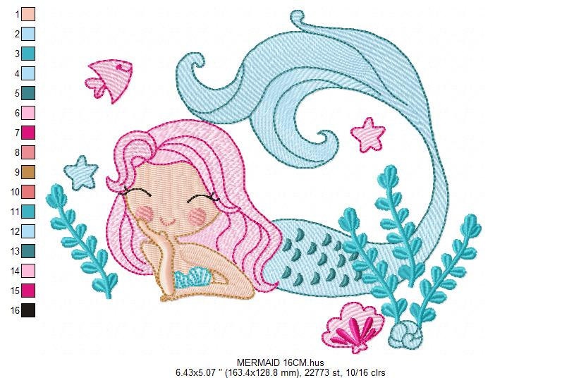 Mermaid embroidery designs - Sea Princess with fishes and algae machine embroidery pattern - Baby Girl file - Instant digital download pes