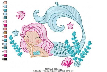 Mermaid embroidery designs - Sea Princess with fishes and algae machine embroidery pattern - Baby Girl file - Instant digital download pes