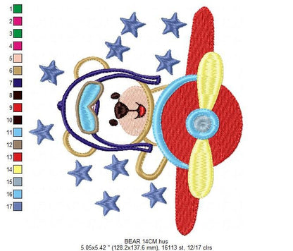Pilot Bear embroidery designs - Plane machine embroidery pattern - Baby boy file - Aviator Bear applique design - Instant digital download