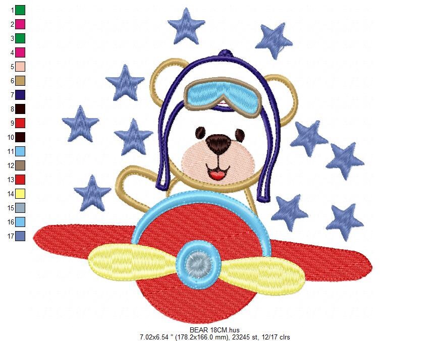 Pilot Bear embroidery designs - Plane machine embroidery pattern - Baby boy file - Aviator Bear applique design - Instant digital download