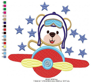 Pilot Bear embroidery designs - Plane machine embroidery pattern - Baby boy file - Aviator Bear applique design - Instant digital download