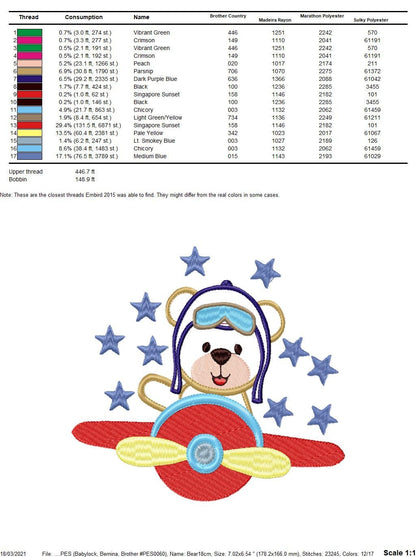 Pilot Bear embroidery designs - Plane machine embroidery pattern - Baby boy file - Aviator Bear applique design - Instant digital download