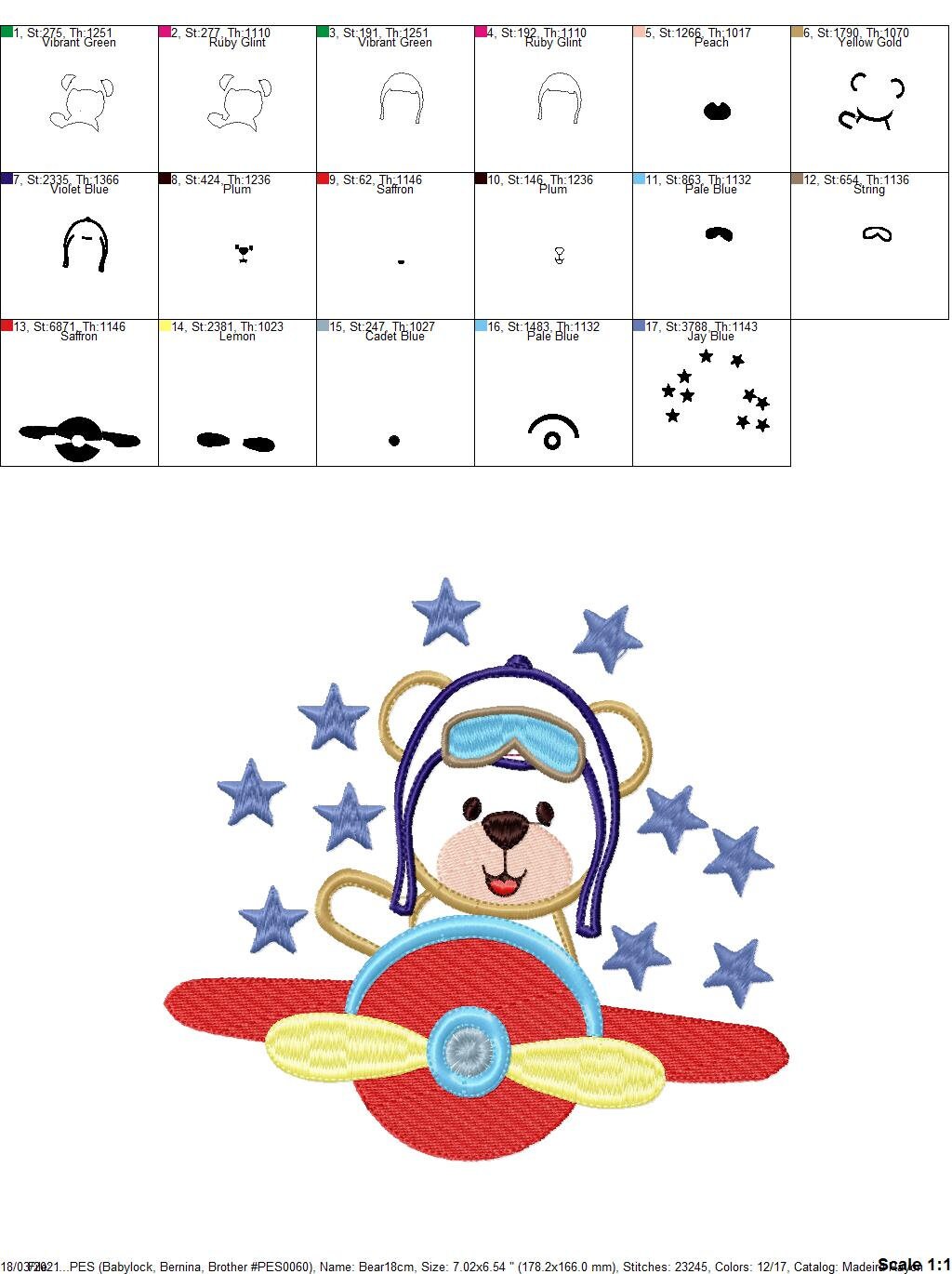 Pilot Bear embroidery designs - Plane machine embroidery pattern - Baby boy file - Aviator Bear applique design - Instant digital download