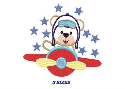 Pilot Bear embroidery designs - Plane machine embroidery pattern - Baby boy file - Aviator Bear applique design - Instant digital download