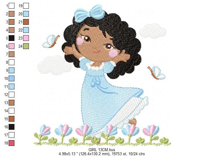 Princess embroidery design - Girl with black curly hair machine embroidery pattern - Baby Girl with flowers file - Instant digital download pes jef dst