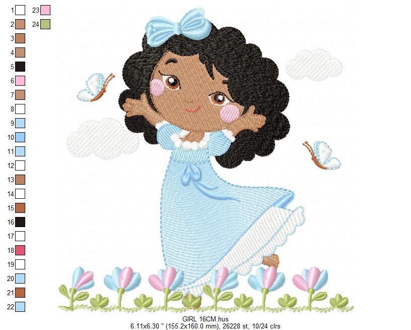 Princess embroidery design - Girl with black curly hair machine embroidery pattern - Baby Girl with flowers file - Instant digital download pes jef dst