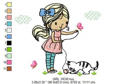 Girl with cat embroidery design - Baby girl embroidery design machine embroidery pattern - kid embroidery file - instant download digital