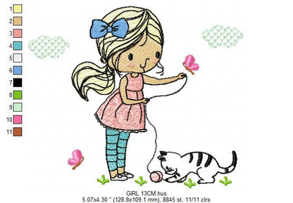 Girl with cat embroidery design - Baby girl embroidery design machine embroidery pattern - kid embroidery file - instant download digital