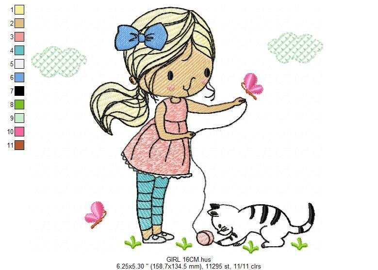 Girl with cat embroidery design - Baby girl embroidery design machine embroidery pattern - kid embroidery file - instant download digital