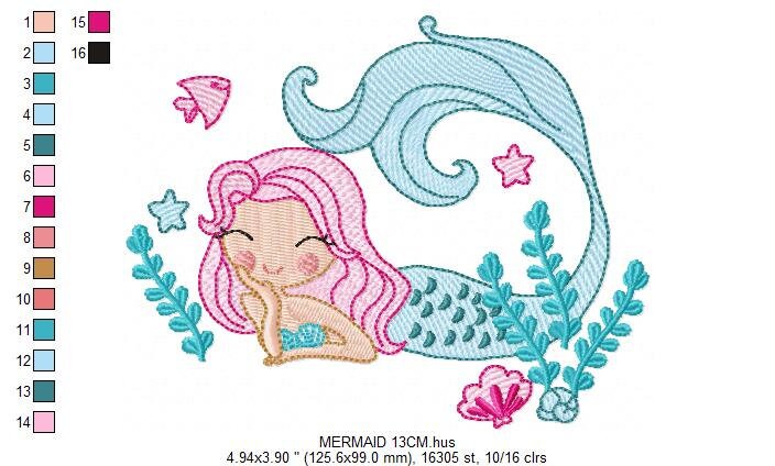Mermaid embroidery designs - Sea Princess with fishes and algae machine embroidery pattern - Baby Girl file - Instant digital download pes