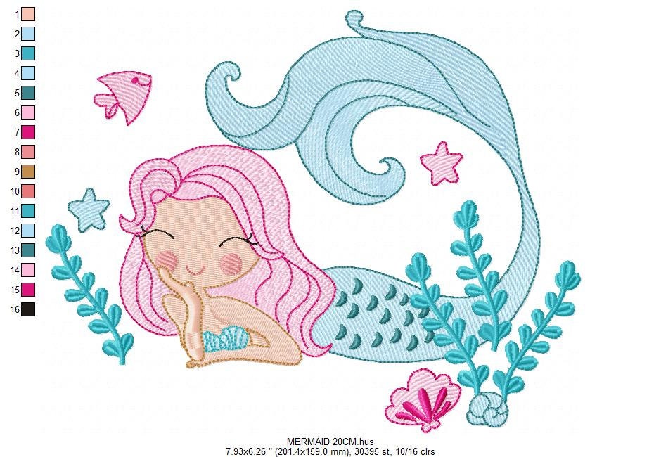 Mermaid embroidery designs - Sea Princess with fishes and algae machine embroidery pattern - Baby Girl file - Instant digital download pes